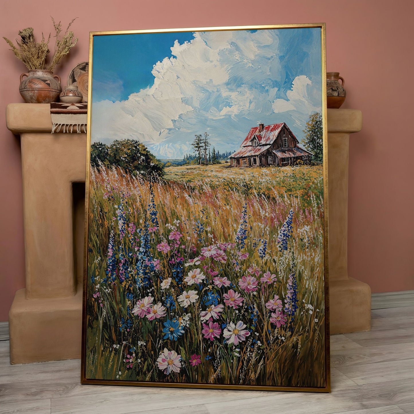Country Landscape with Wildflowers Canvas Print in rose gold floating frame