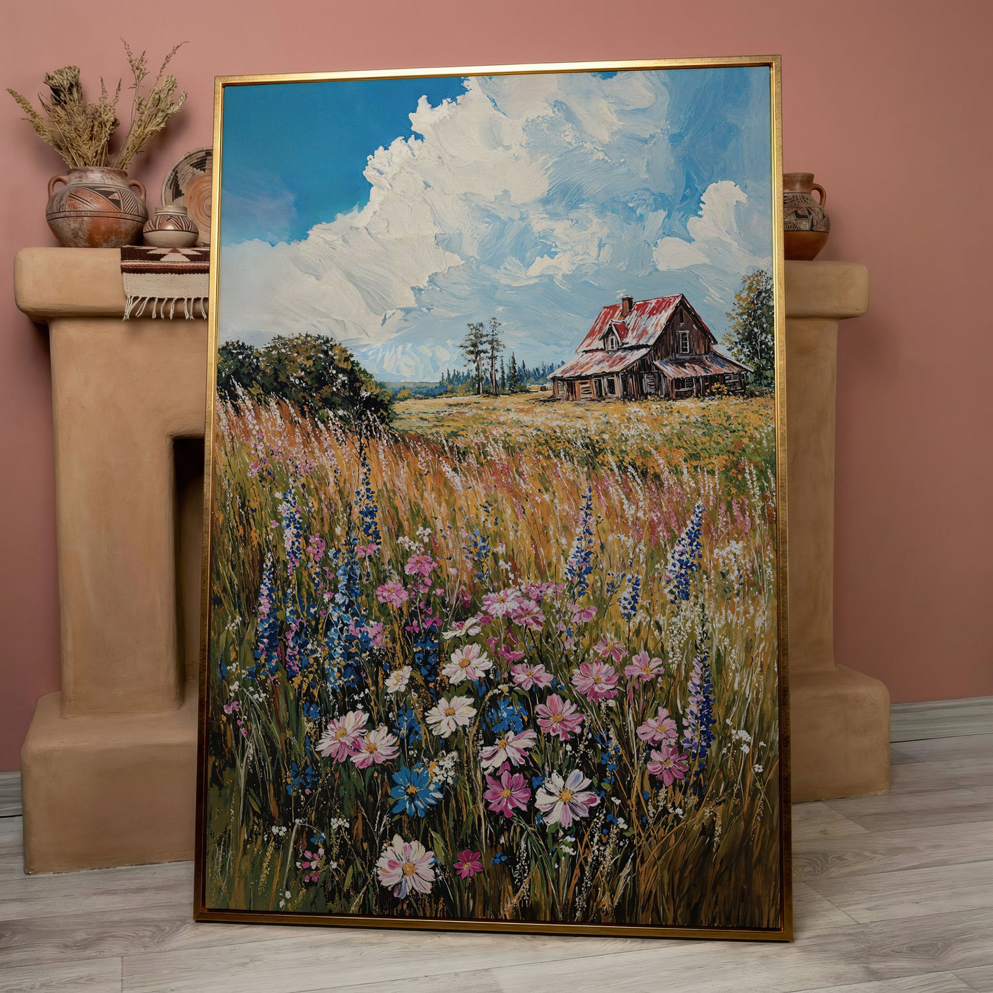 Country Landscape with Wildflowers Canvas Print in rose gold floating frame
