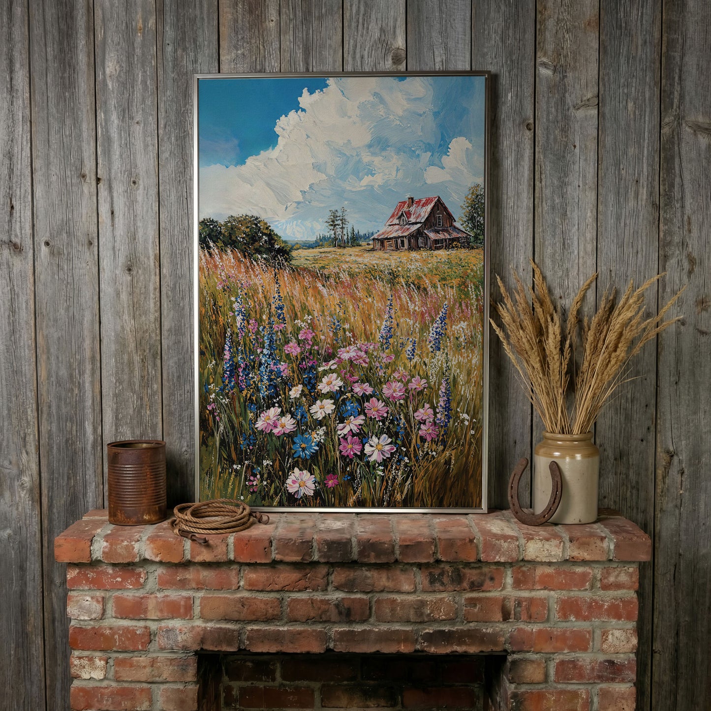 Country Landscape with Wildflowers Canvas Print in silver floating frame