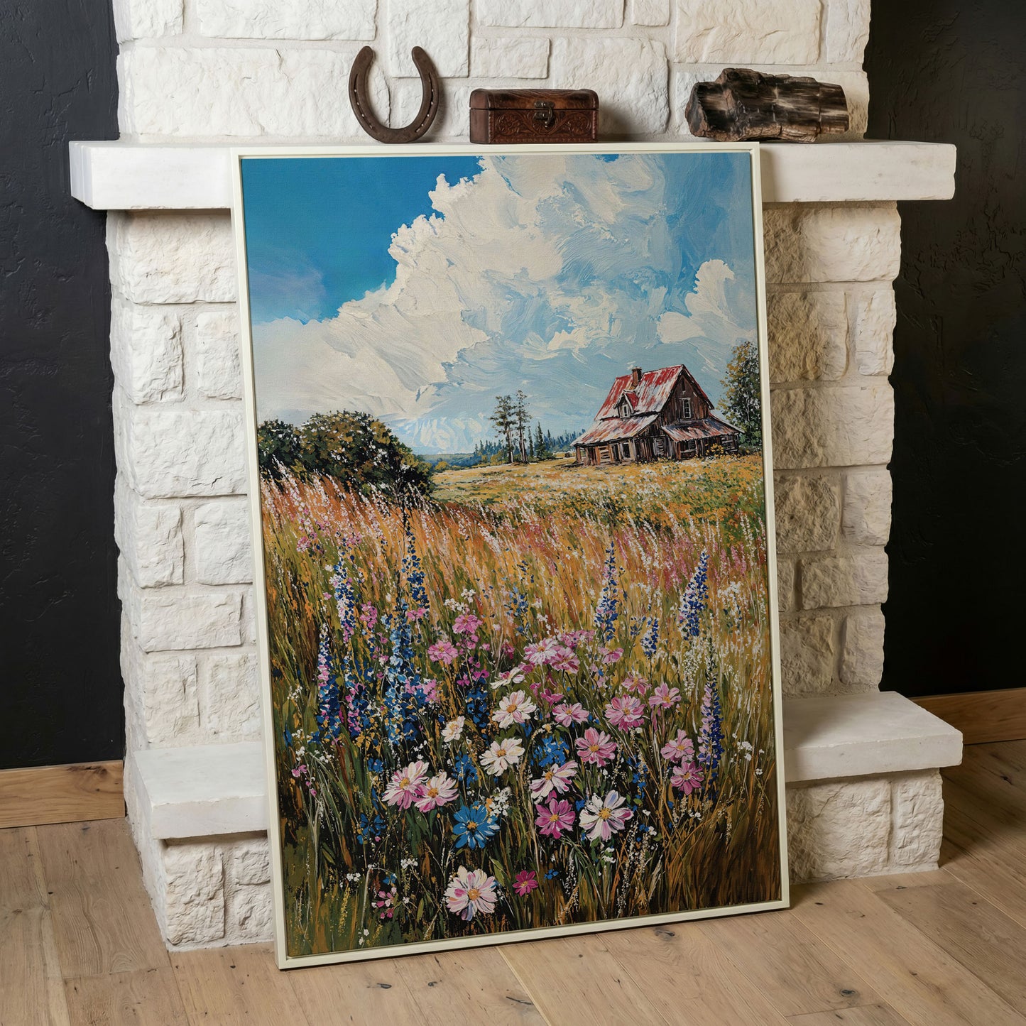 Country Landscape with Wildflowers Canvas Print in white floating frame