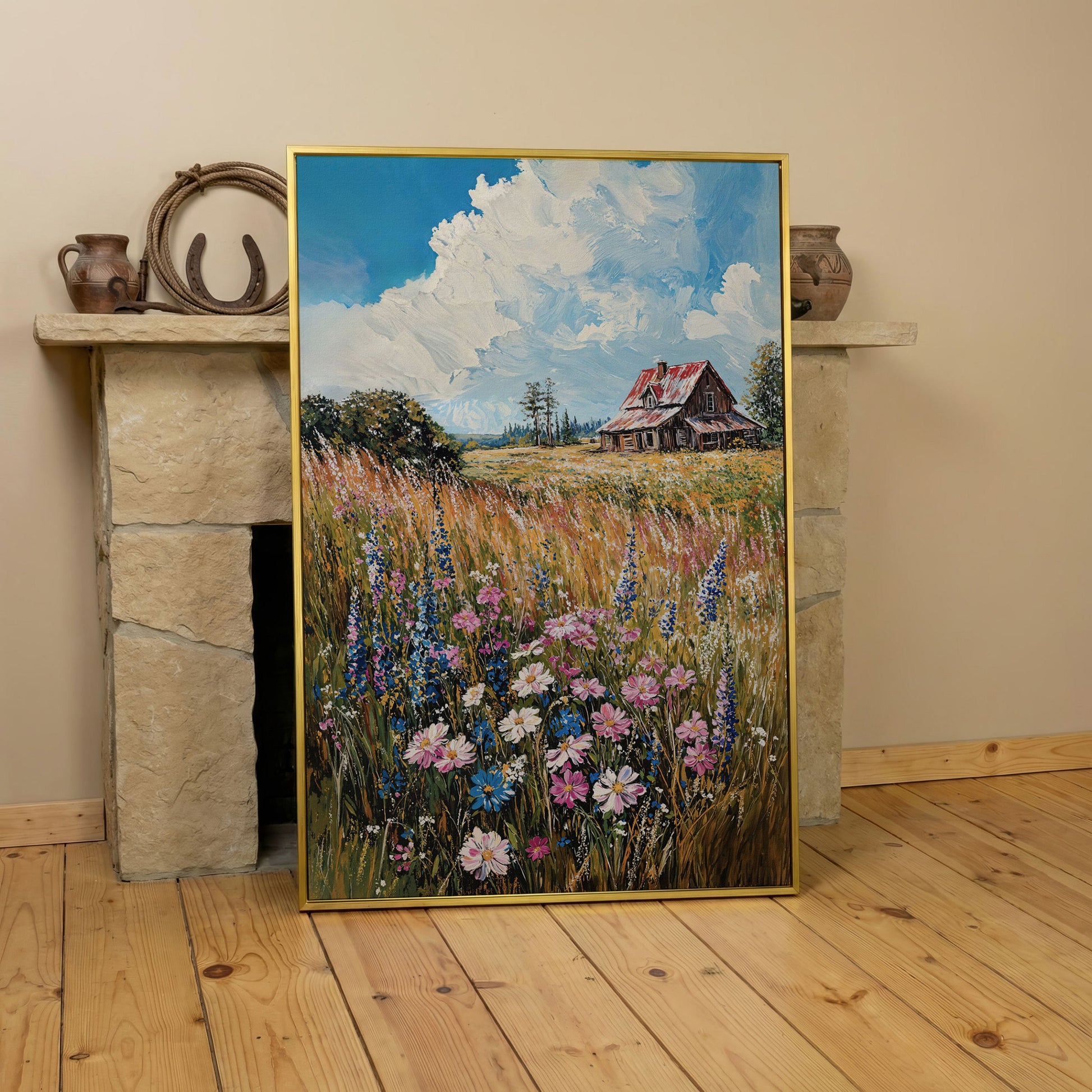 Country Landscape with Wildflowers Canvas Print in yellow gold floating frame