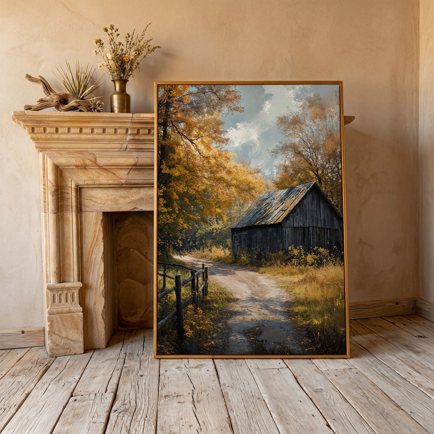 Old Barn in Autumn Countryside Canvas Wall Art in antique gold floating frame