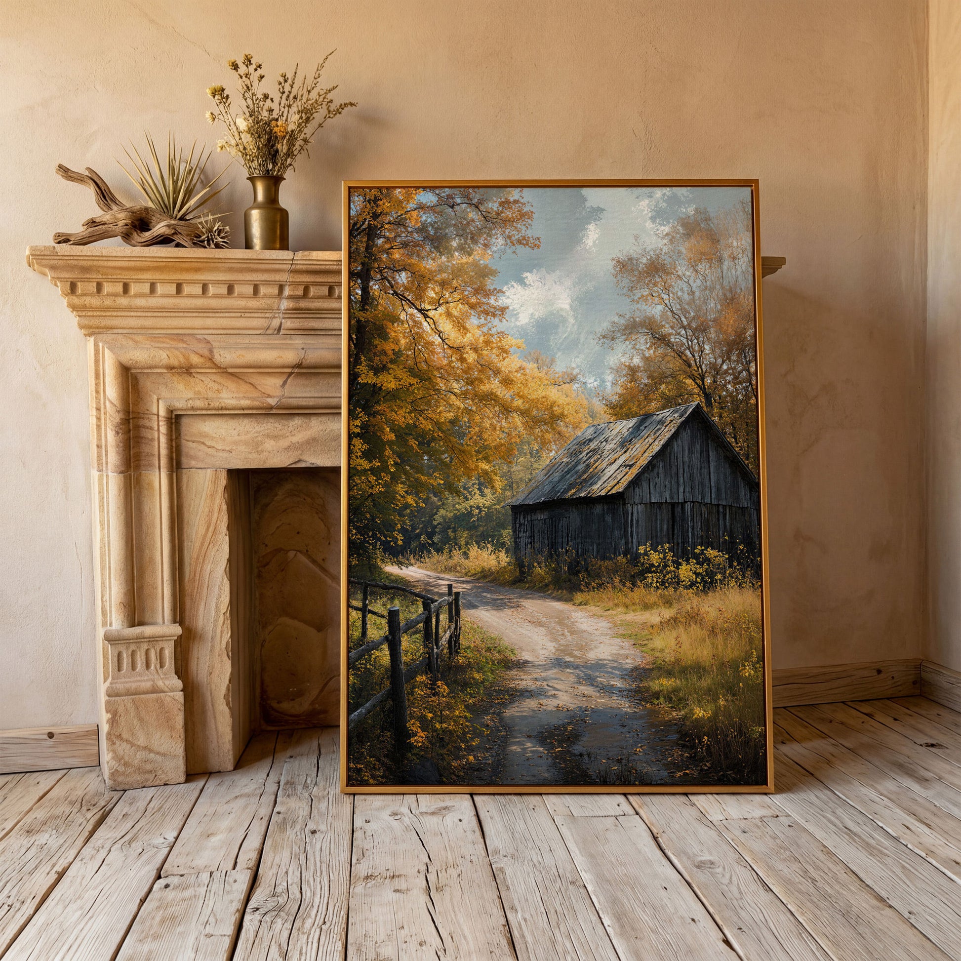 Old Barn in Autumn Countryside Canvas Wall Art in antique gold floating frame