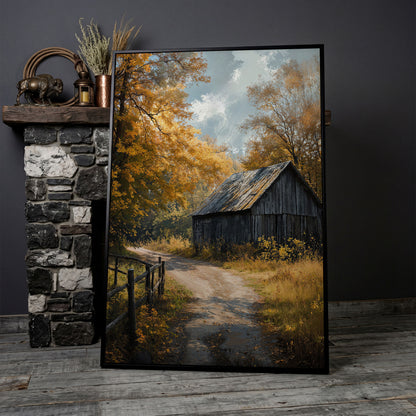 Old Barn in Autumn Countryside Canvas Wall Art in black floating frame