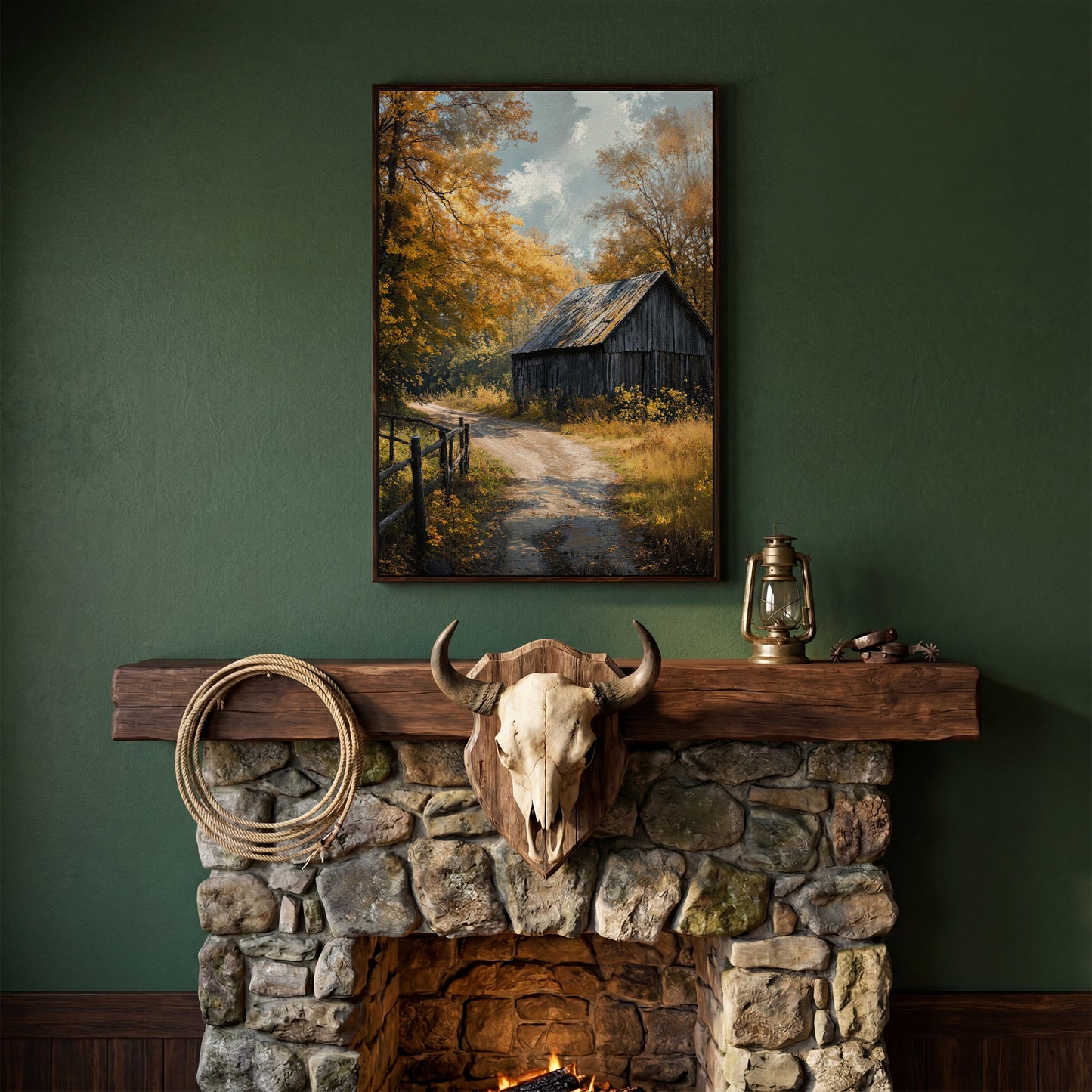 Old Barn in Autumn Countryside Canvas Wall Art in dark walnut floating frame