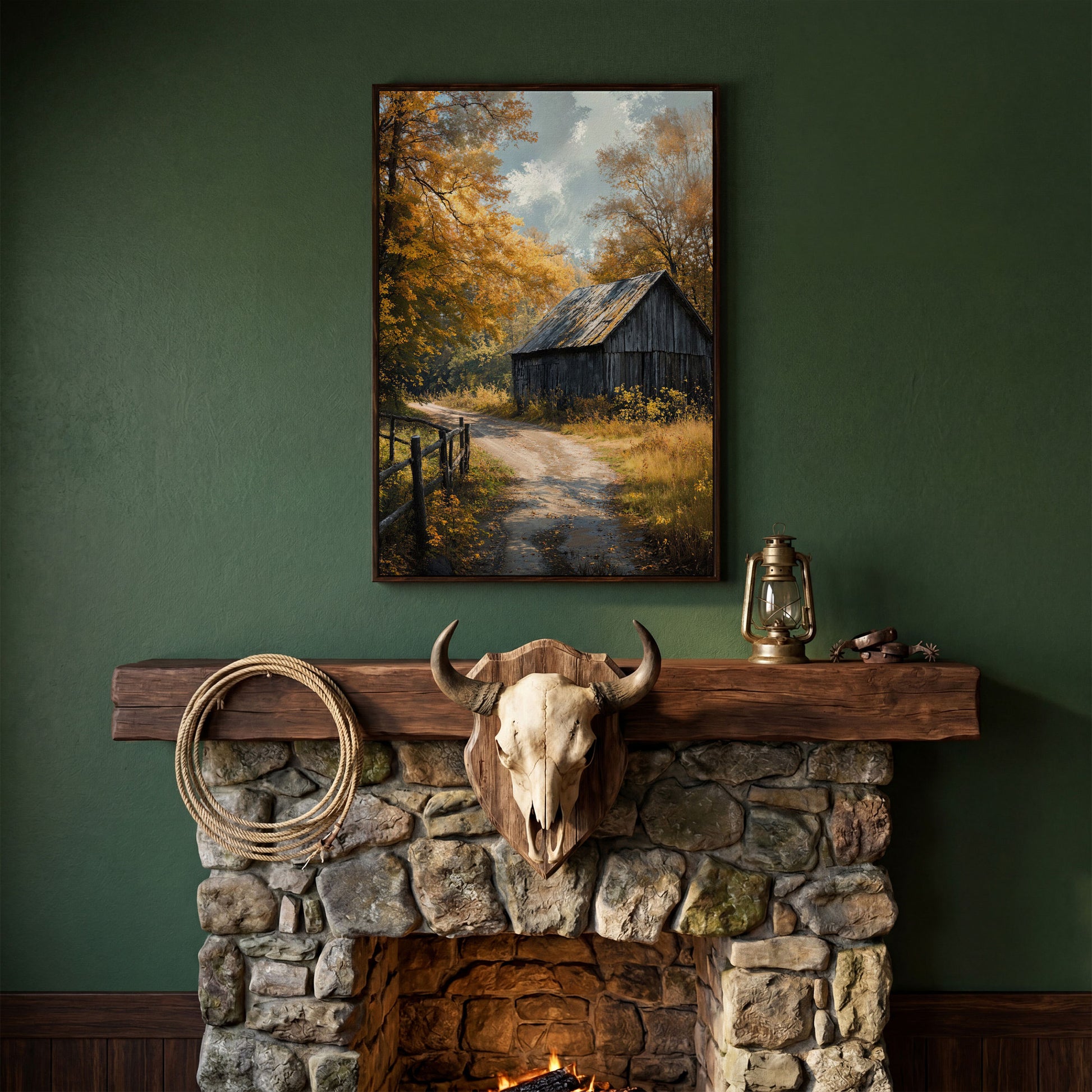 Old Barn in Autumn Countryside Canvas Wall Art in dark walnut floating frame