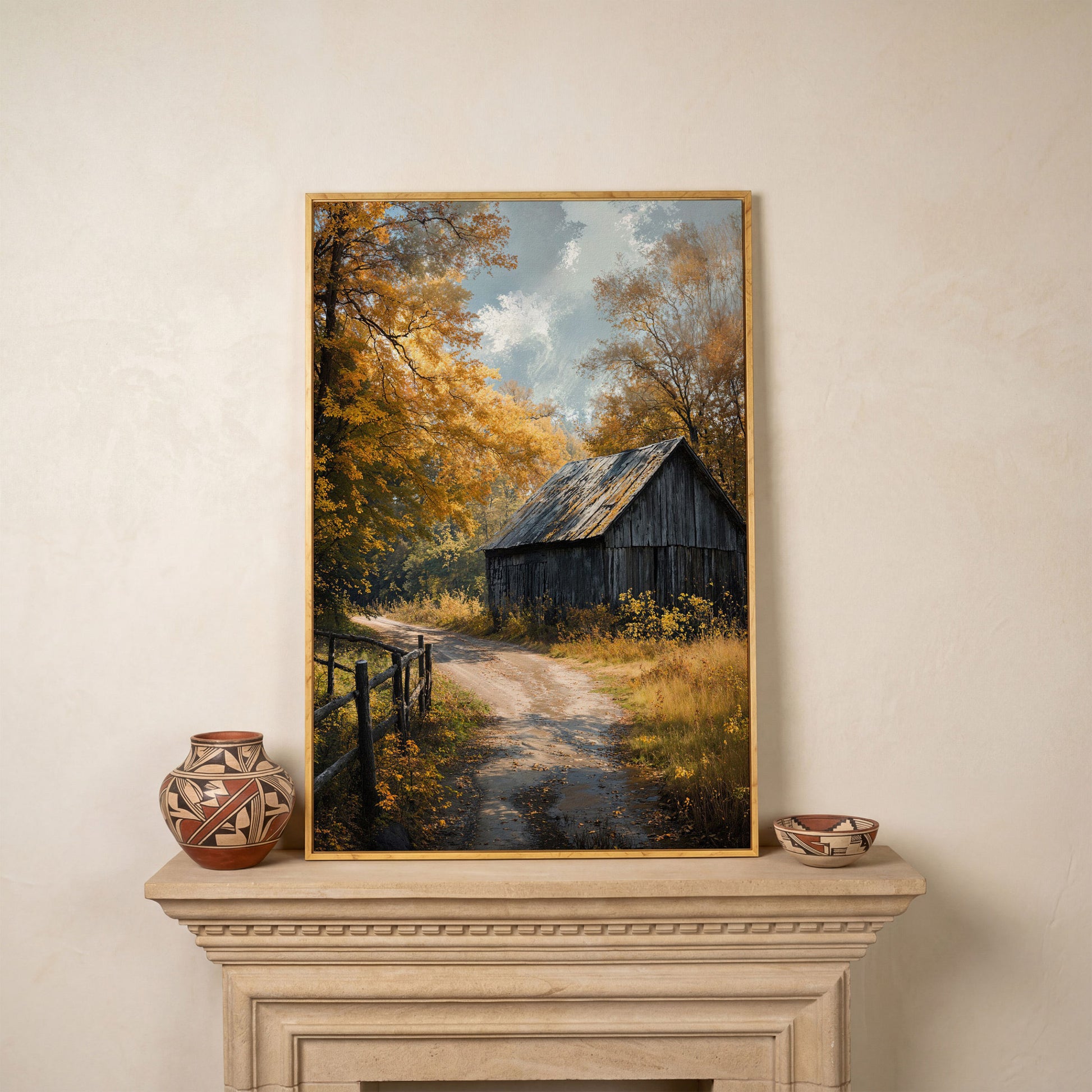Old Barn in Autumn Countryside Canvas Wall Art in white oak floating frame