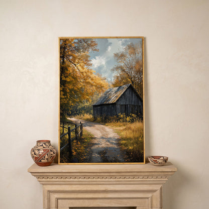 Old Barn in Autumn Countryside Canvas Wall Art in white oak floating frame