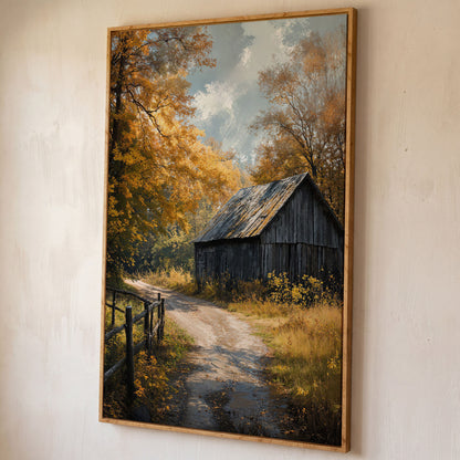 Old Barn in Autumn Countryside Canvas Wall Art shown in white oak floating frame