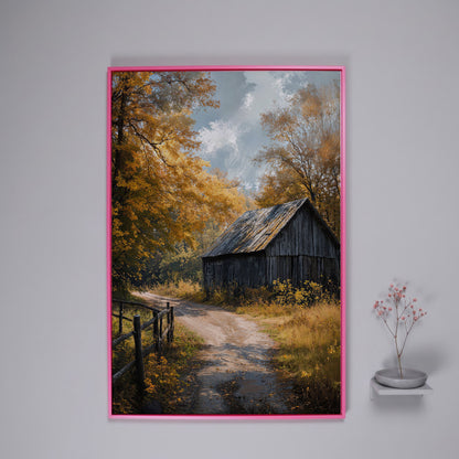 Old Barn in Autumn Countryside Canvas Wall Art in pink floating frame