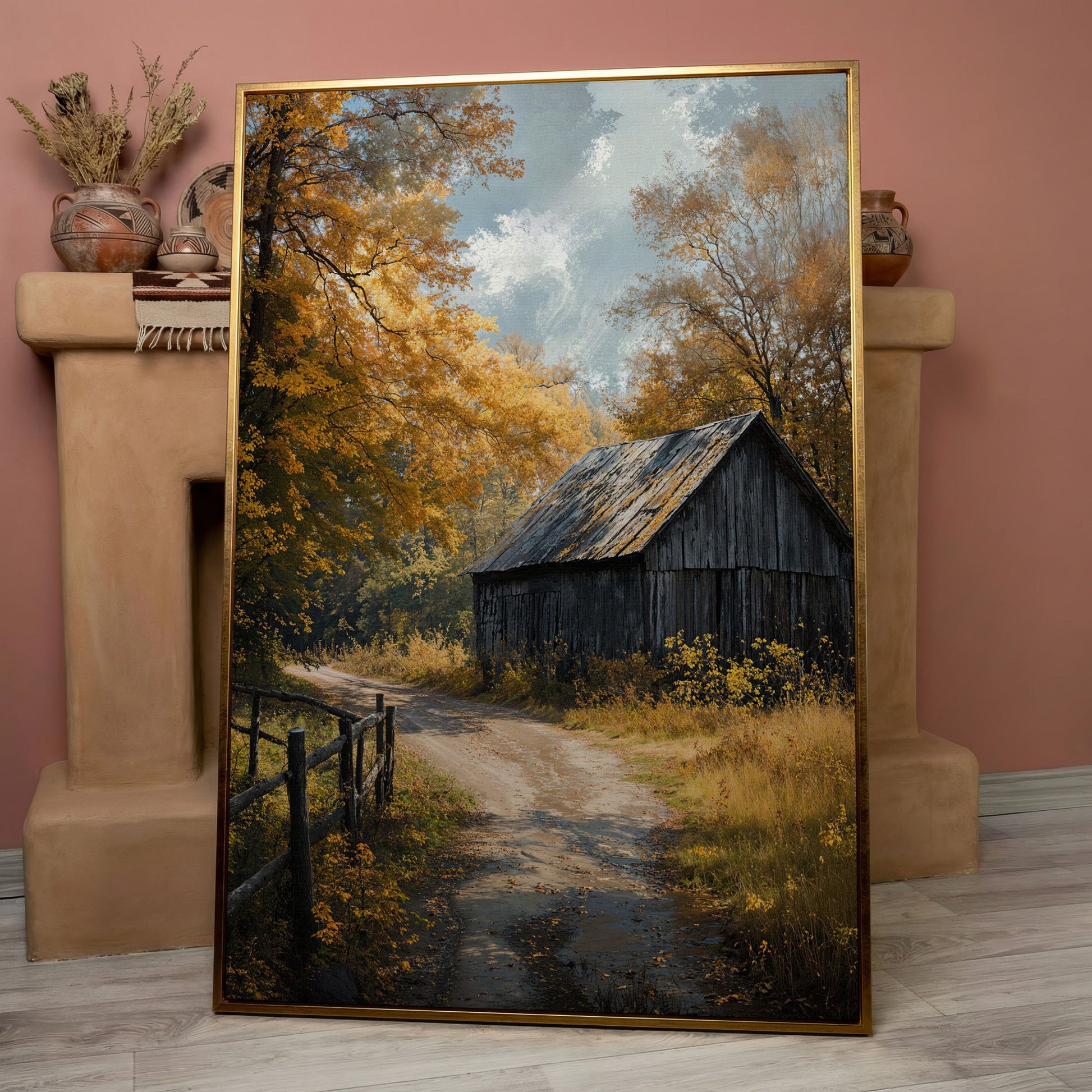 Old Barn in Autumn Countryside Canvas Wall Art in rose gold floating frame