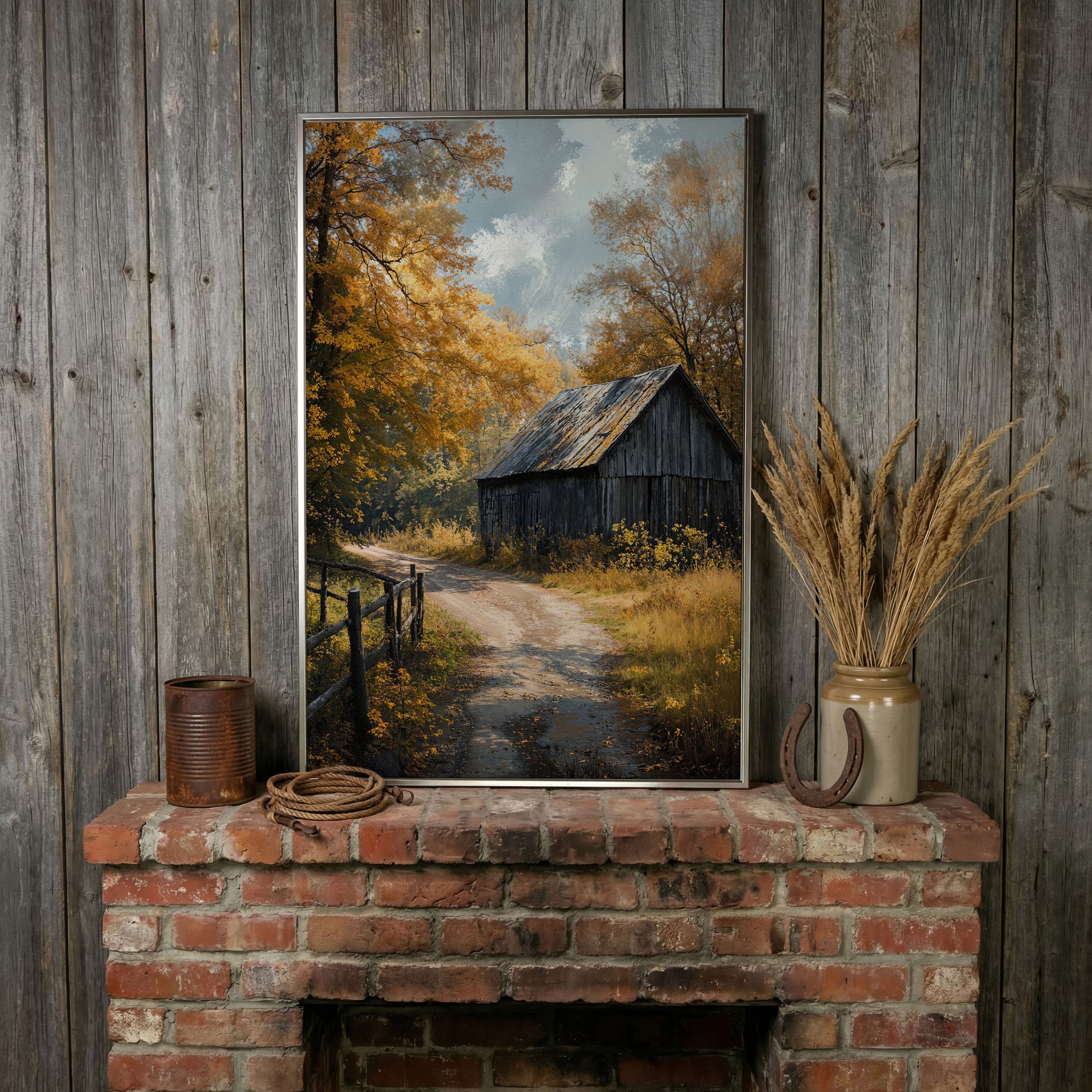 Old Barn in Autumn Countryside Canvas Wall Art in silver floating frame