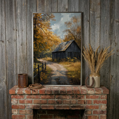 Old Barn in Autumn Countryside Canvas Wall Art in silver floating frame