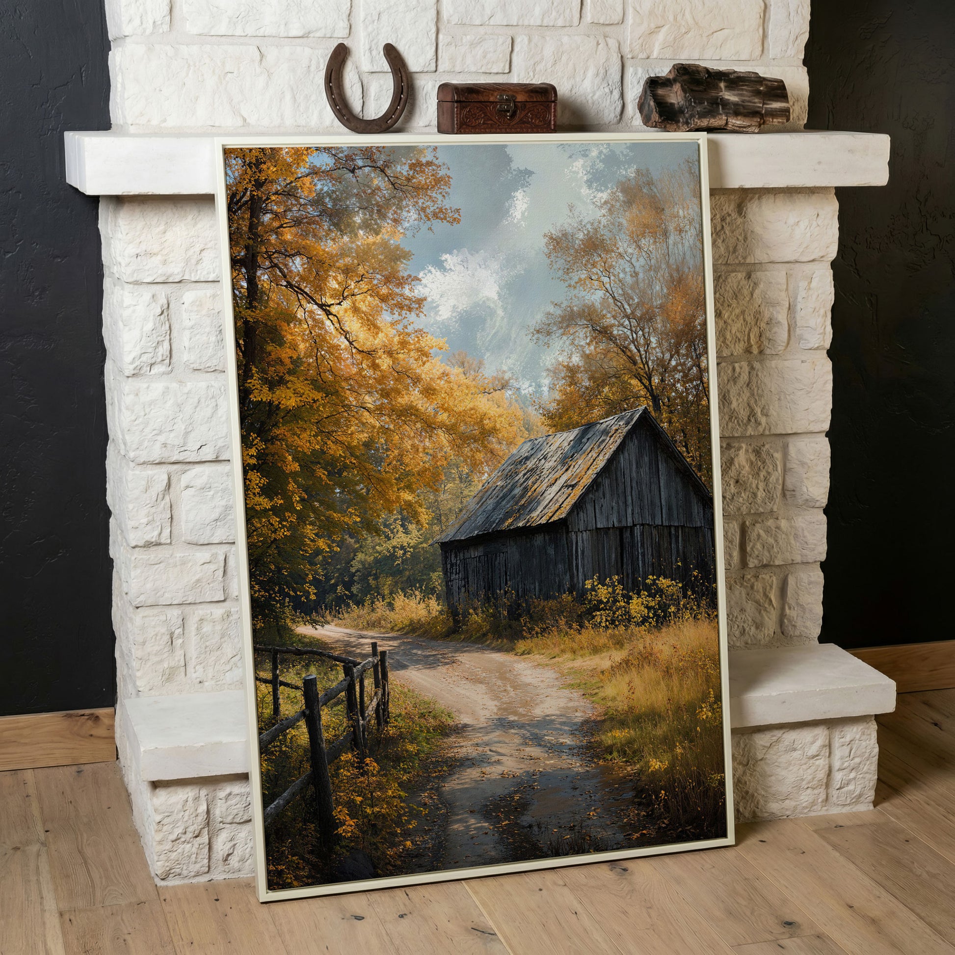 Old Barn in Autumn Countryside Canvas Wall Art in white floating frame
