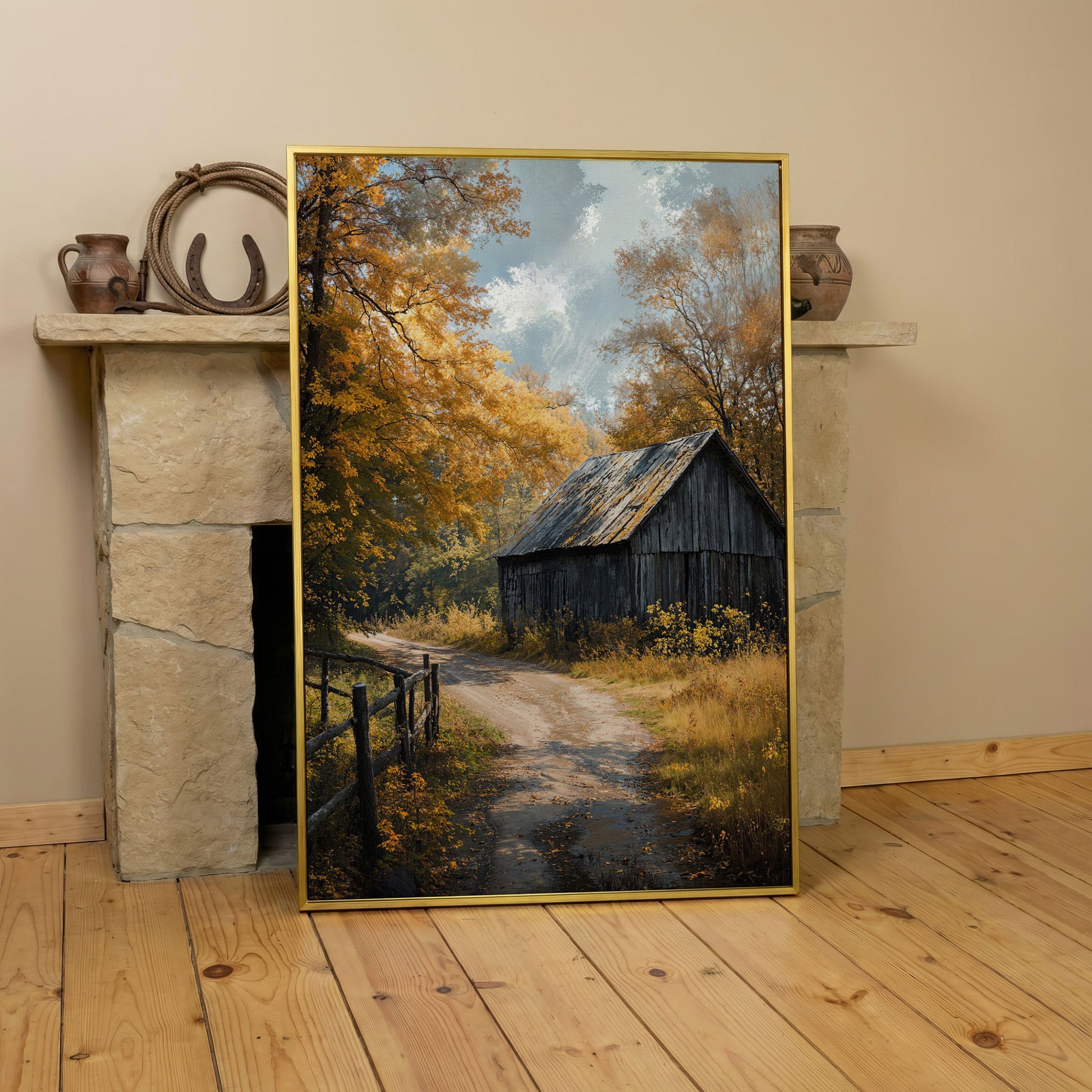 Old Barn in Autumn Countryside Canvas Wall Art in yellow gold floating frame