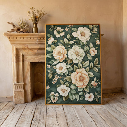 Vintage Floral Botanical Canvas in Dark Teal & Cream in antique gold floating frame