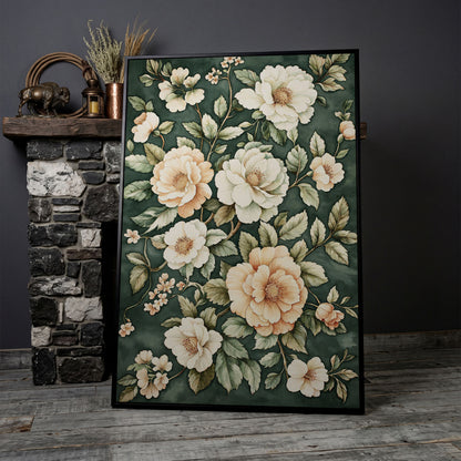Vintage Floral Botanical Canvas in Dark Teal & Cream in black floating frame