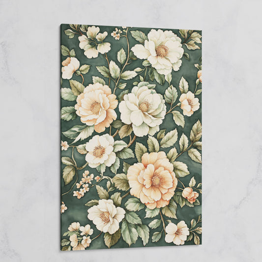 Vintage Floral Botanical Canvas in Dark Teal & Cream on gallery wrap
