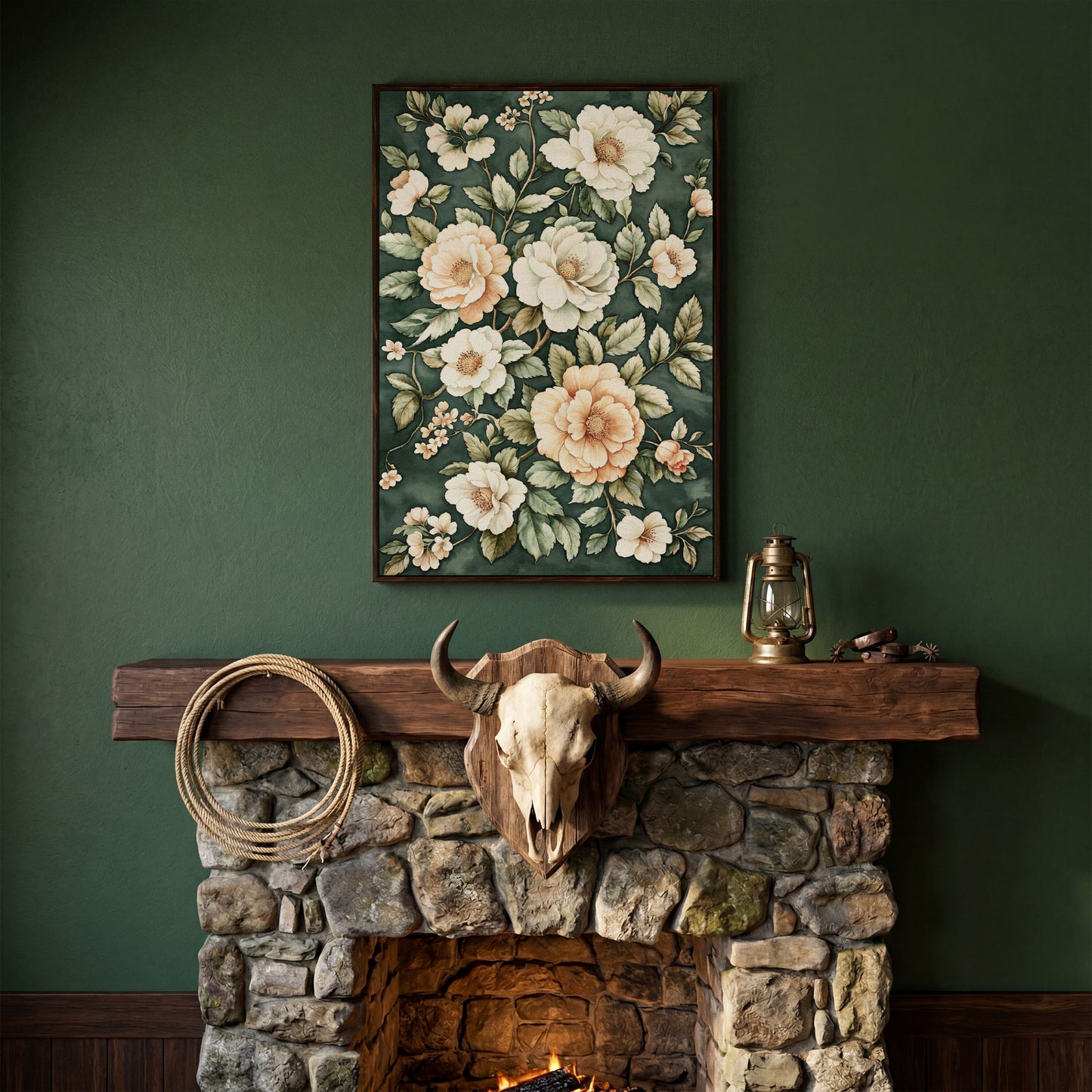 Vintage Floral Botanical Canvas in Dark Teal & Cream in dark walnut floating frame