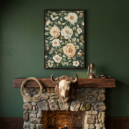 Vintage Floral Botanical Canvas in Dark Teal & Cream in dark walnut floating frame