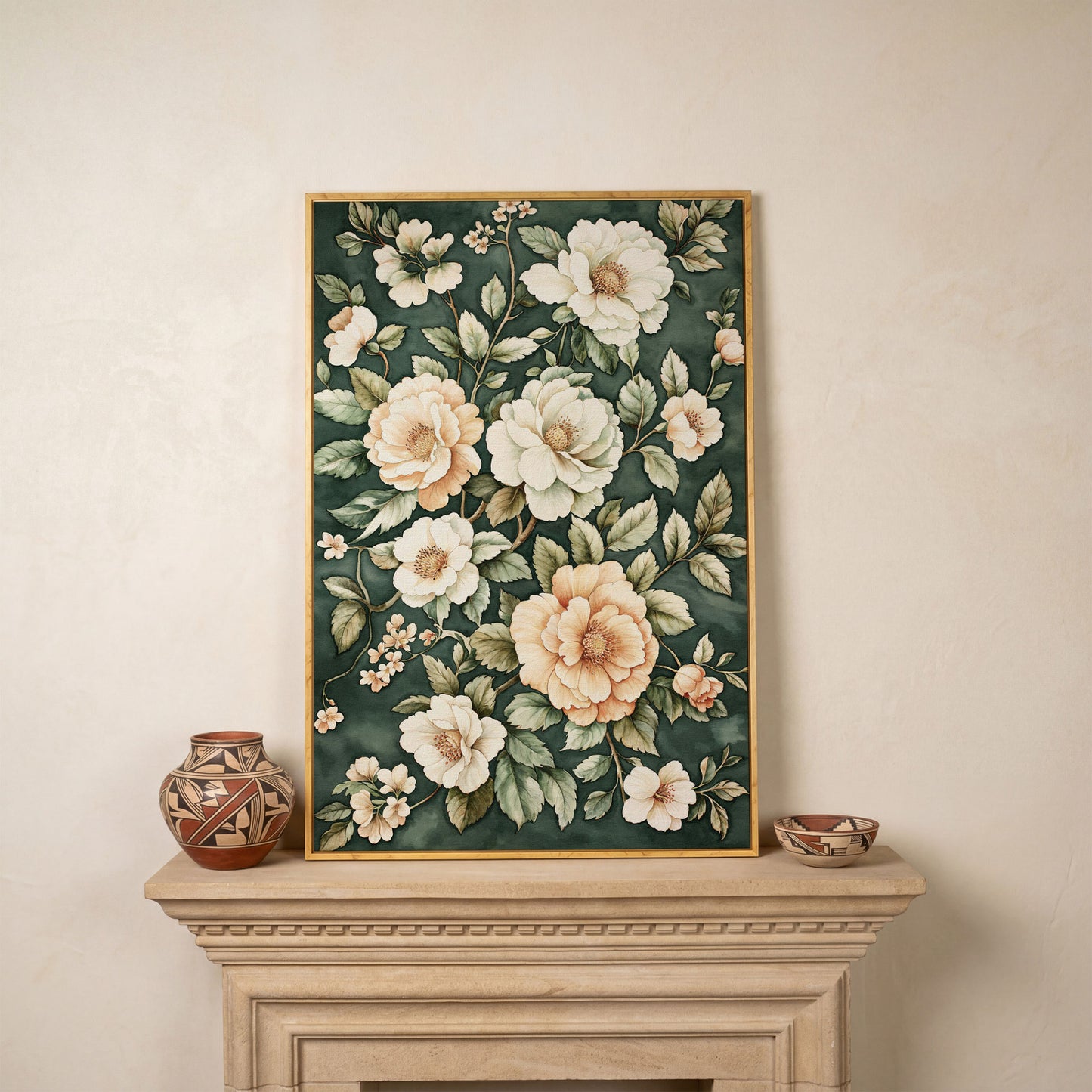 Vintage Floral Botanical Canvas in Dark Teal & Cream in white oak floating frame