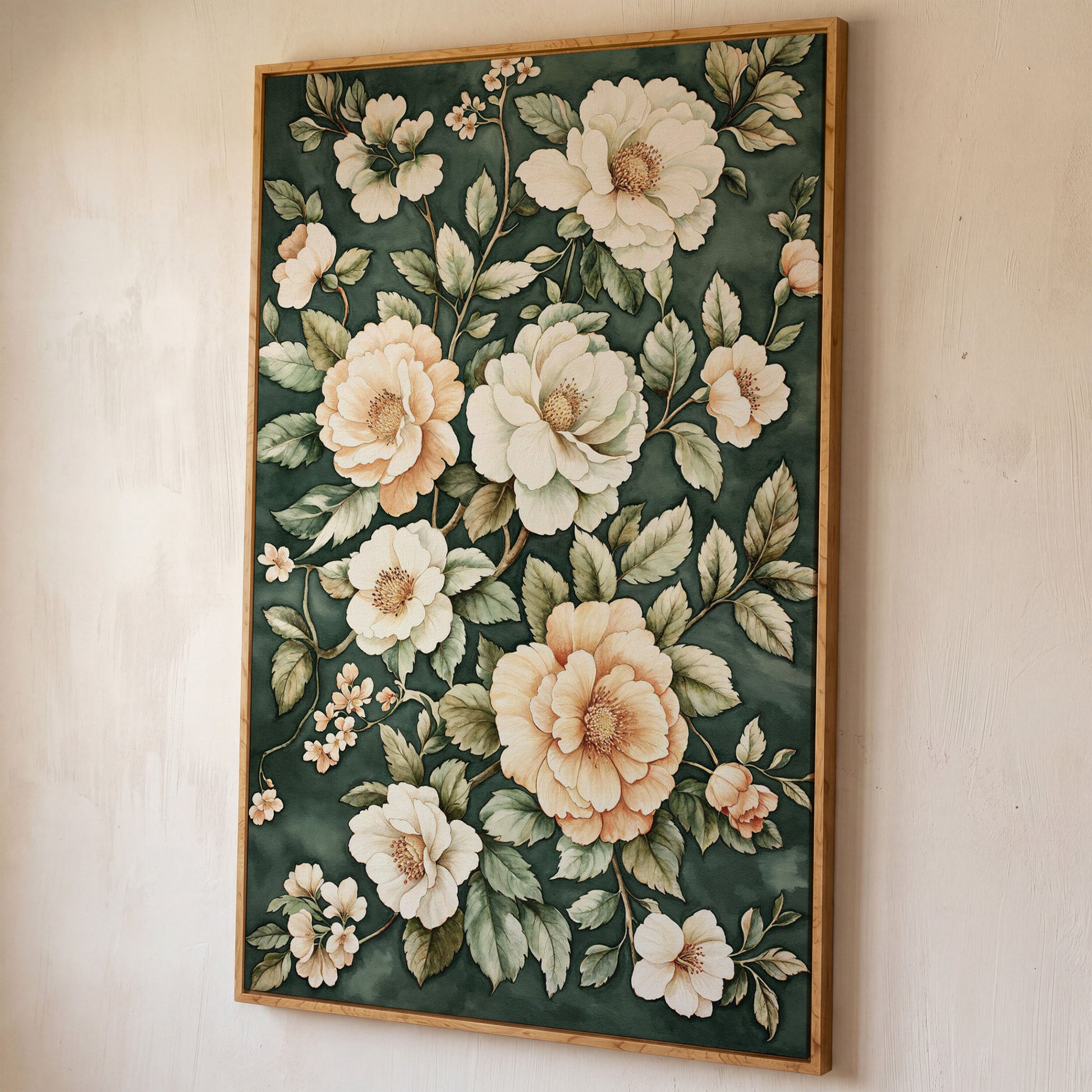 Vintage Floral Botanical Canvas in Dark Teal & Cream shown in white oak floating frame
