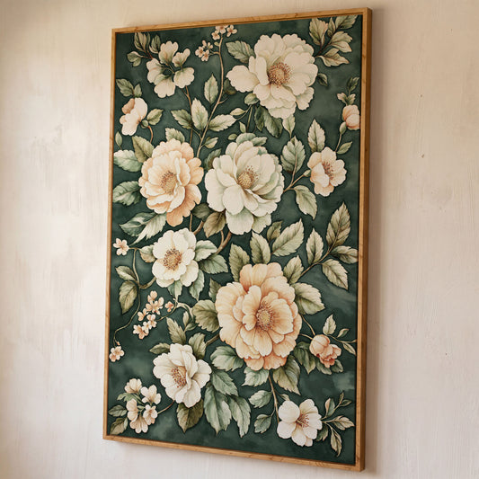 Vintage Floral Botanical Canvas in Dark Teal & Cream shown in white oak floating frame