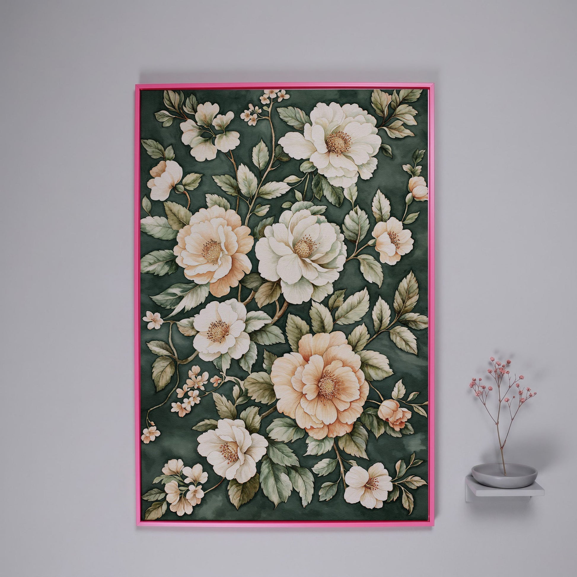 Vintage Floral Botanical Canvas in Dark Teal & Cream in pink floating frame