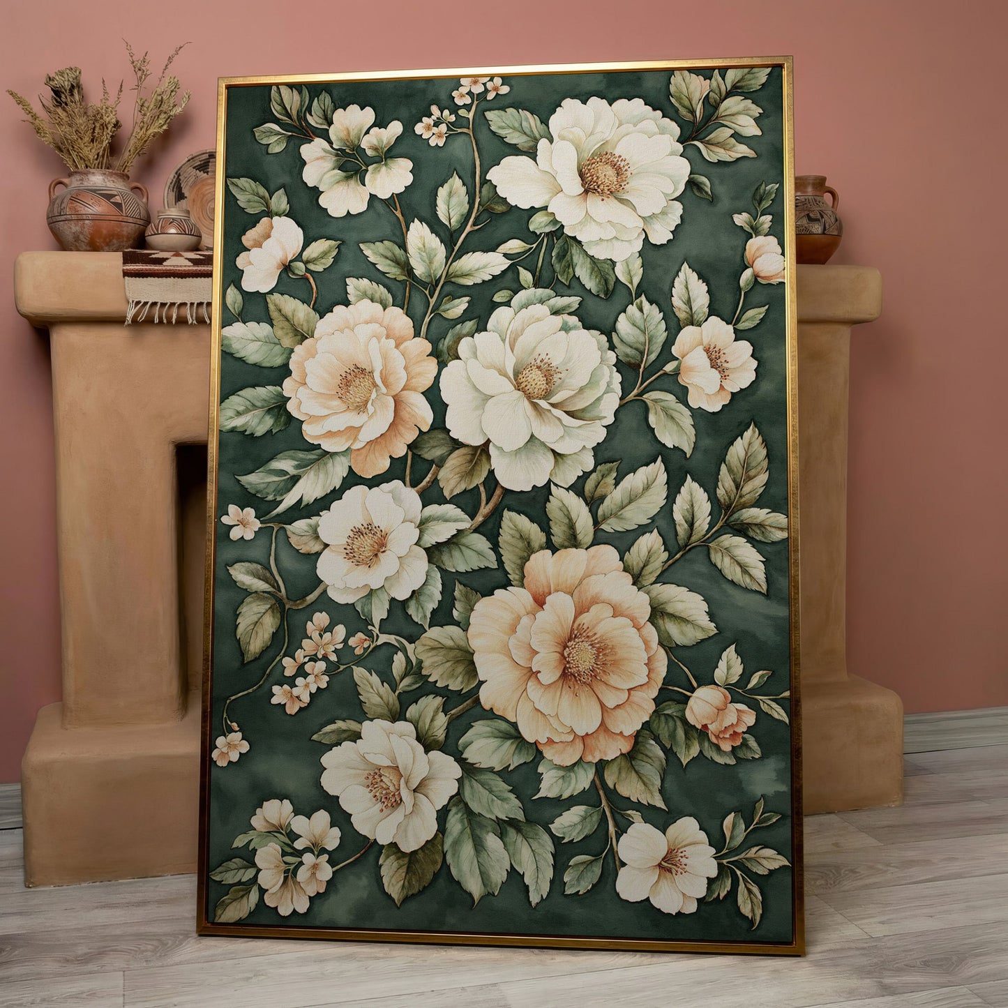Vintage Floral Botanical Canvas in Dark Teal & Cream in rose gold floating frame