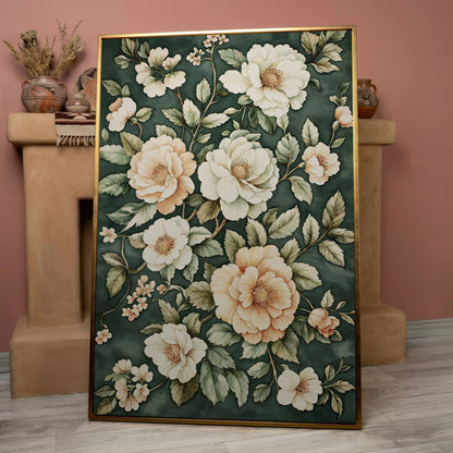 Vintage Floral Botanical Canvas in Dark Teal & Cream in rose gold floating frame