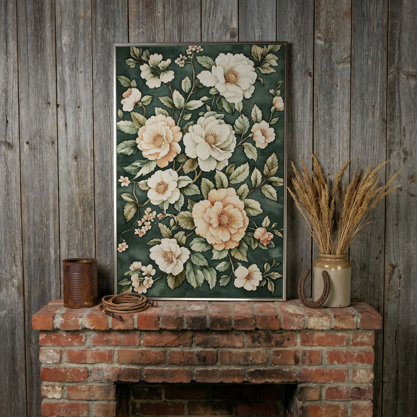 Vintage Floral Botanical Canvas in Dark Teal & Cream in silver floating frame