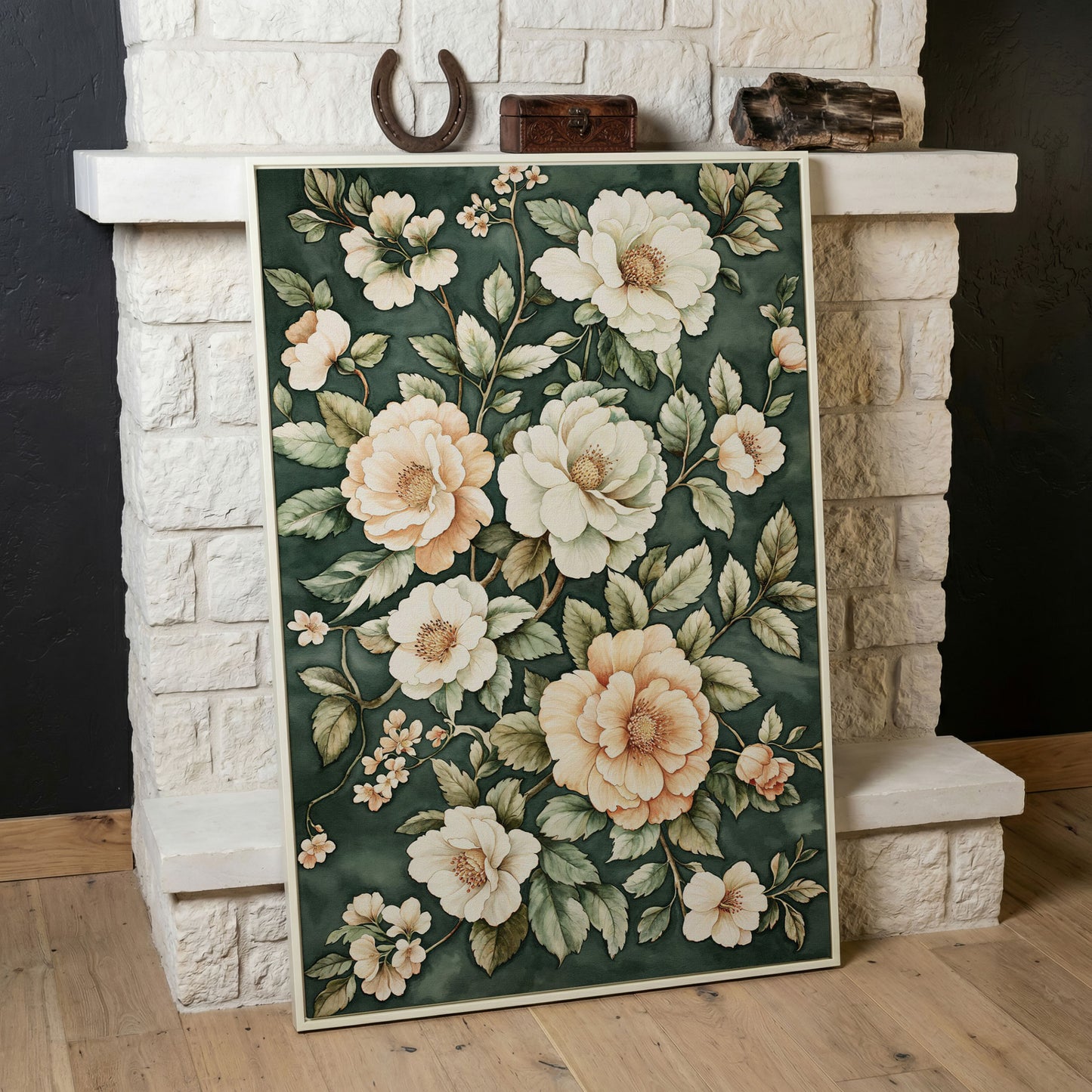 Vintage Floral Botanical Canvas in Dark Teal & Cream in white floating frame