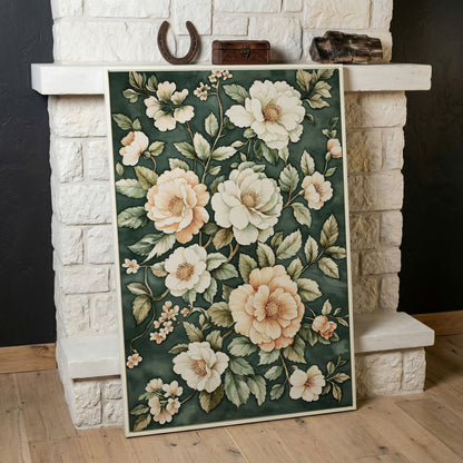 Vintage Floral Botanical Canvas in Dark Teal & Cream in white floating frame