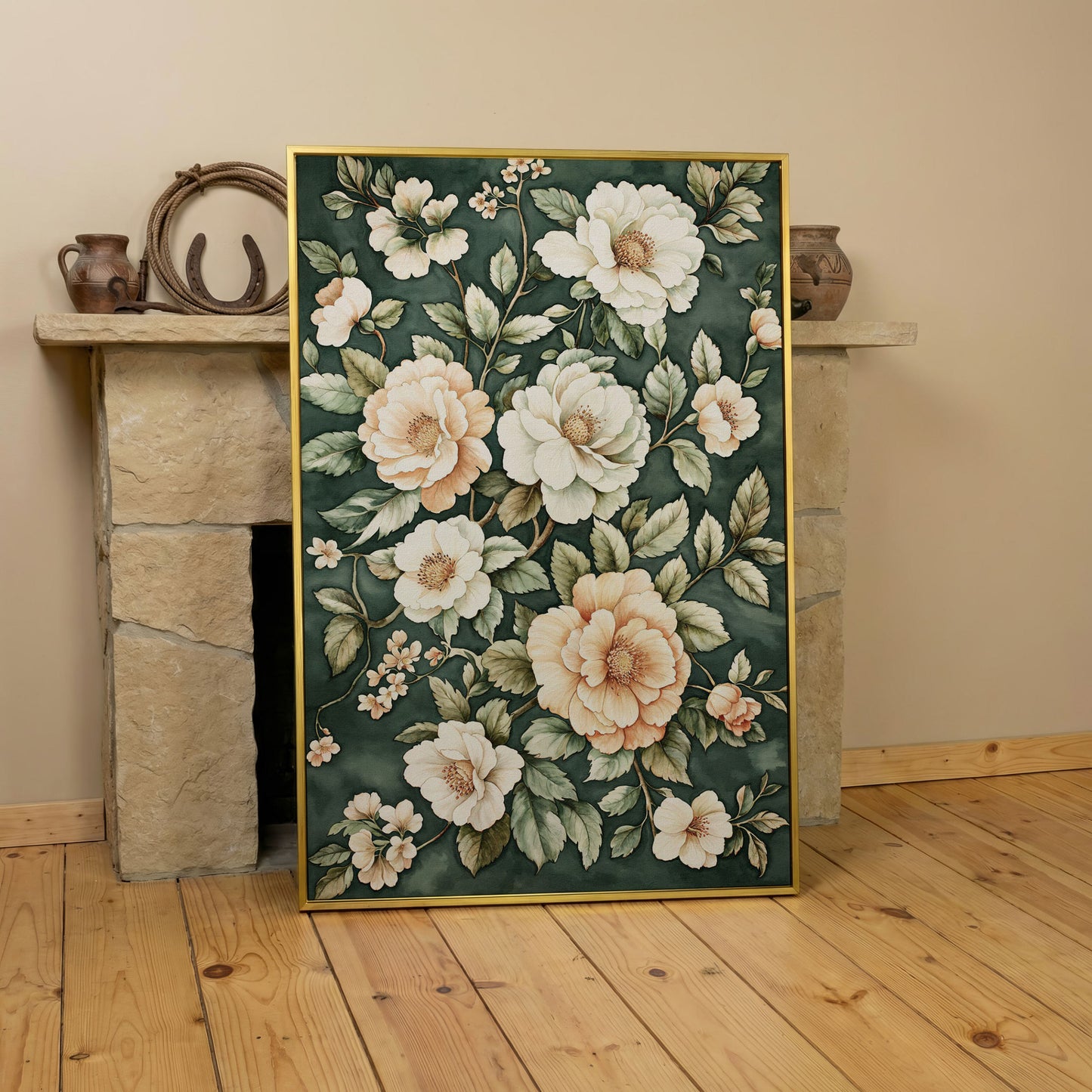 Vintage Floral Botanical Canvas in Dark Teal & Cream in yellow gold floating frame