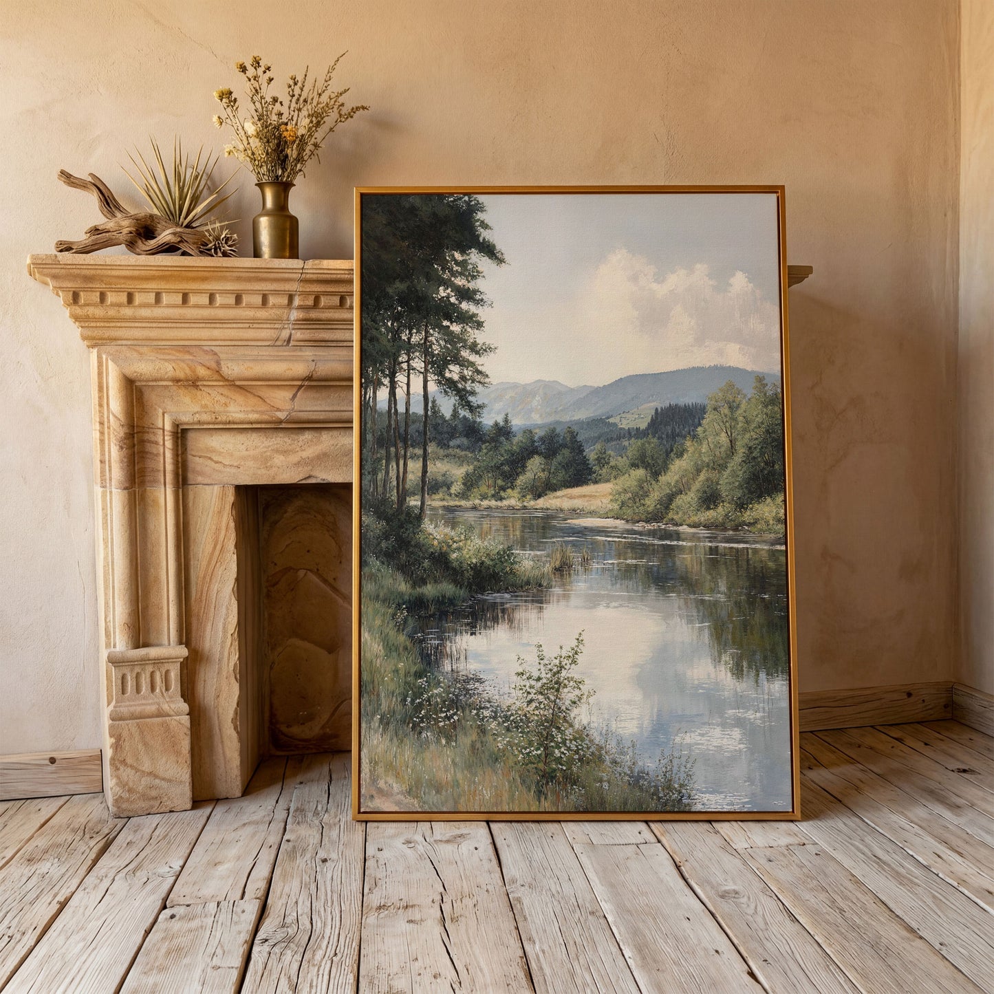 Countryside River at Dusk with Wildflowers Canvas Wall Art in antique gold floating frame