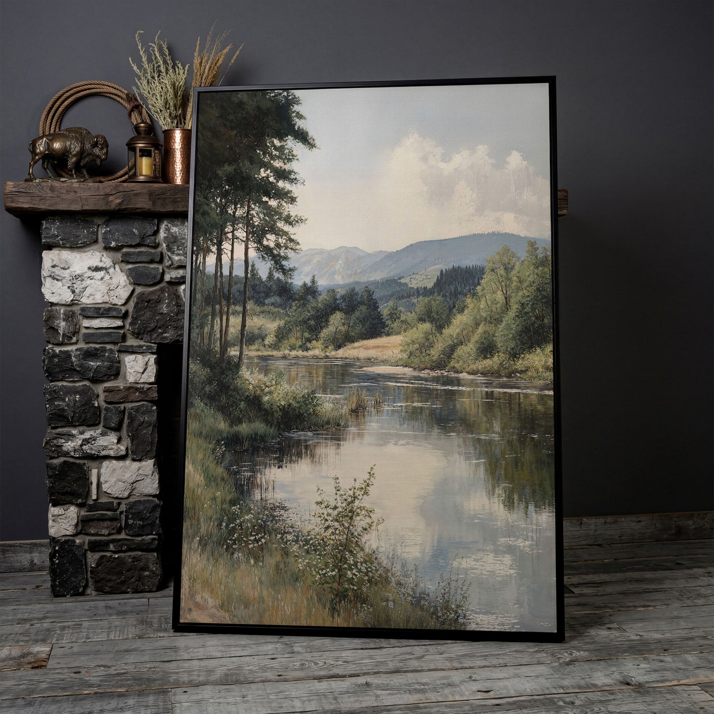 Countryside River at Dusk with Wildflowers Canvas Wall Art in black floating frame