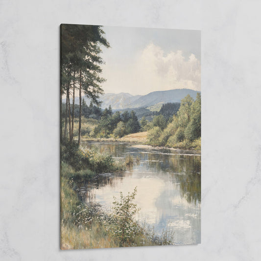 Countryside River at Dusk with Wildflowers Canvas Wall Art on gallery wrap