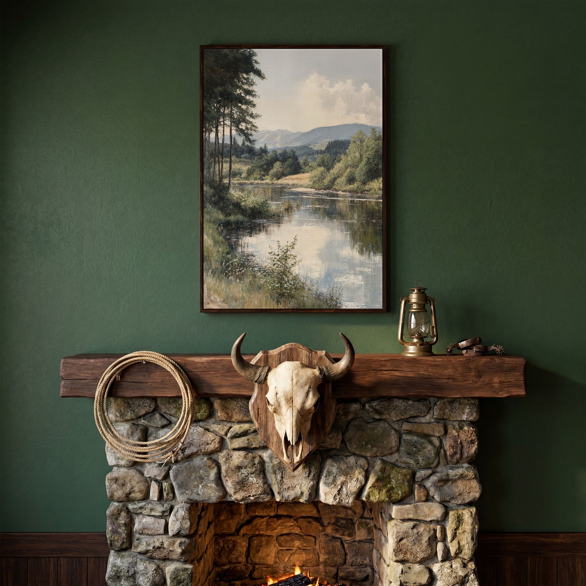 Countryside River at Dusk with Wildflowers Canvas Wall Art in dark walnut floating frame