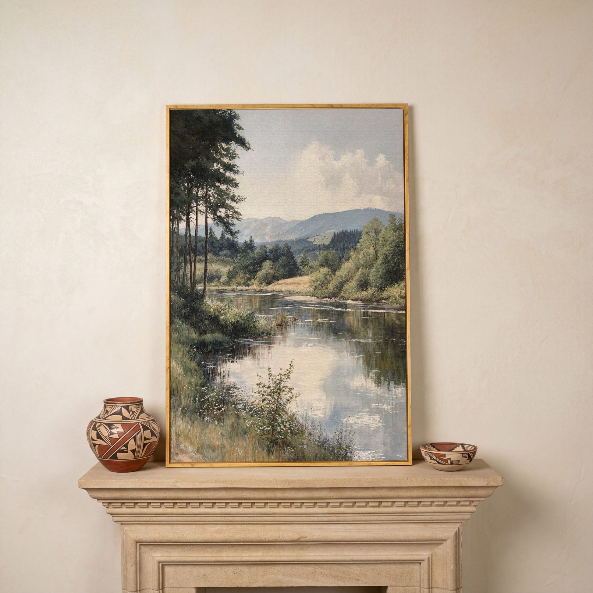 Countryside River at Dusk with Wildflowers Canvas Wall Art in white oak floating frame