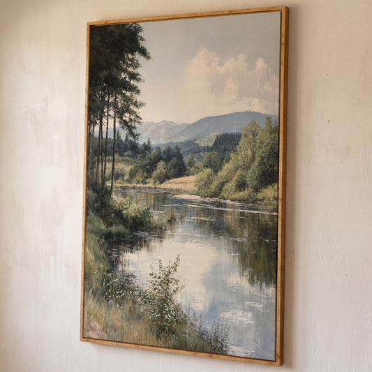 Countryside River at Dusk with Wildflowers Canvas Wall Art shown in white oak floating frame