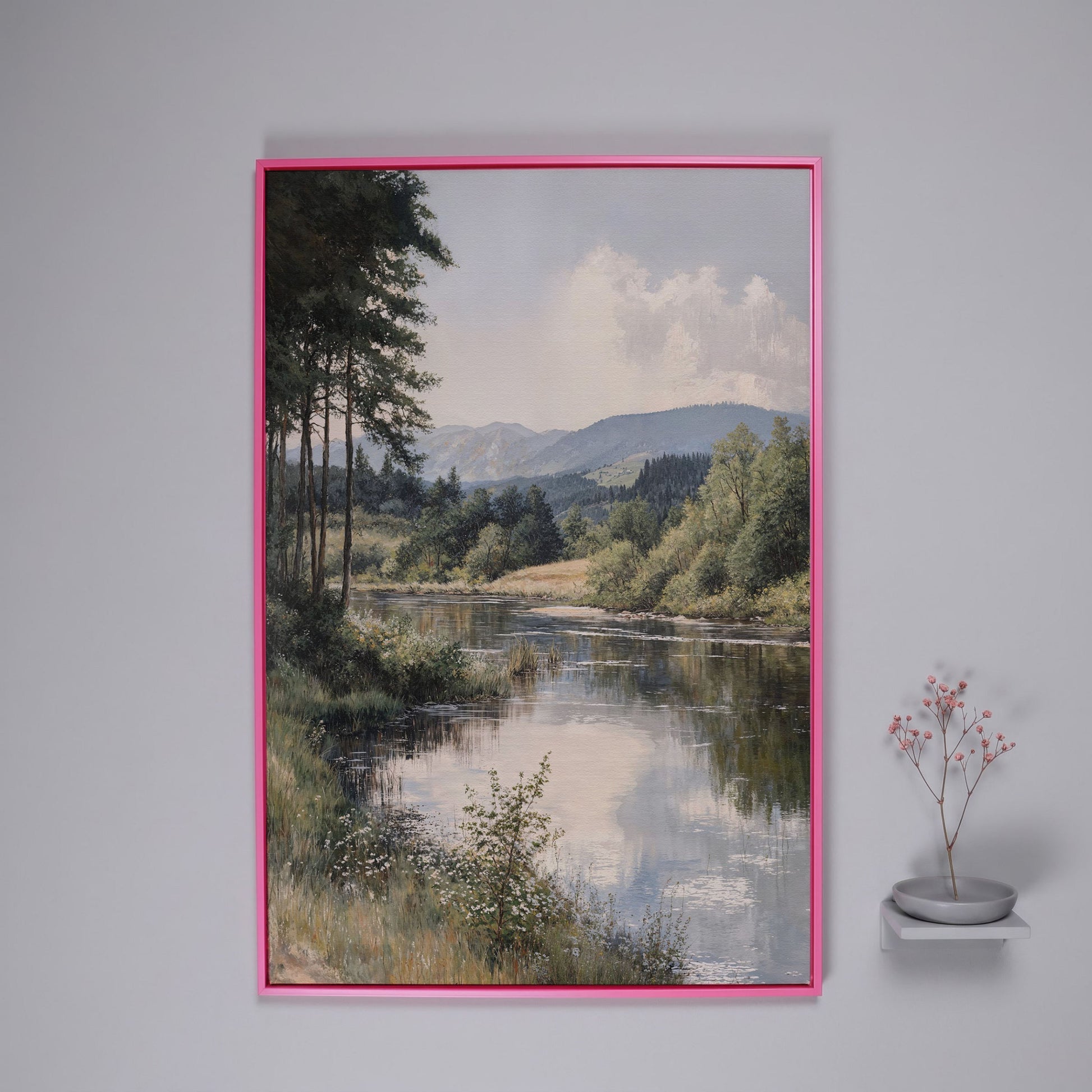 Countryside River at Dusk with Wildflowers Canvas Wall Art in pink floating frame