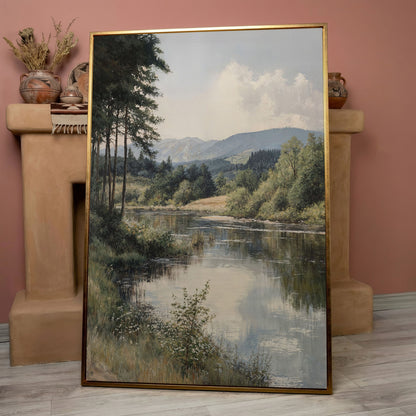Countryside River at Dusk with Wildflowers Canvas Wall Art in rose gold floating frame