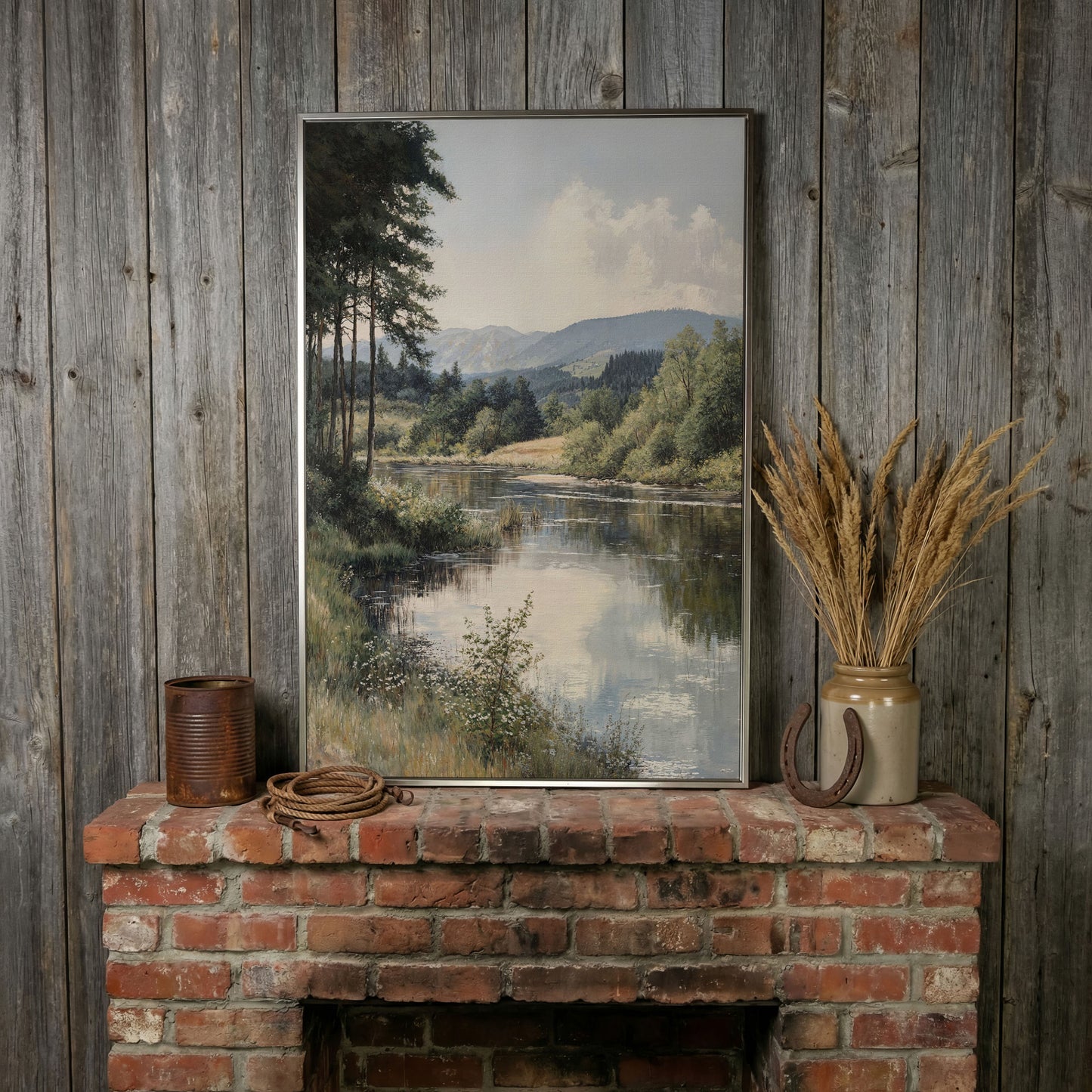 Countryside River at Dusk with Wildflowers Canvas Wall Art in silver floating frame