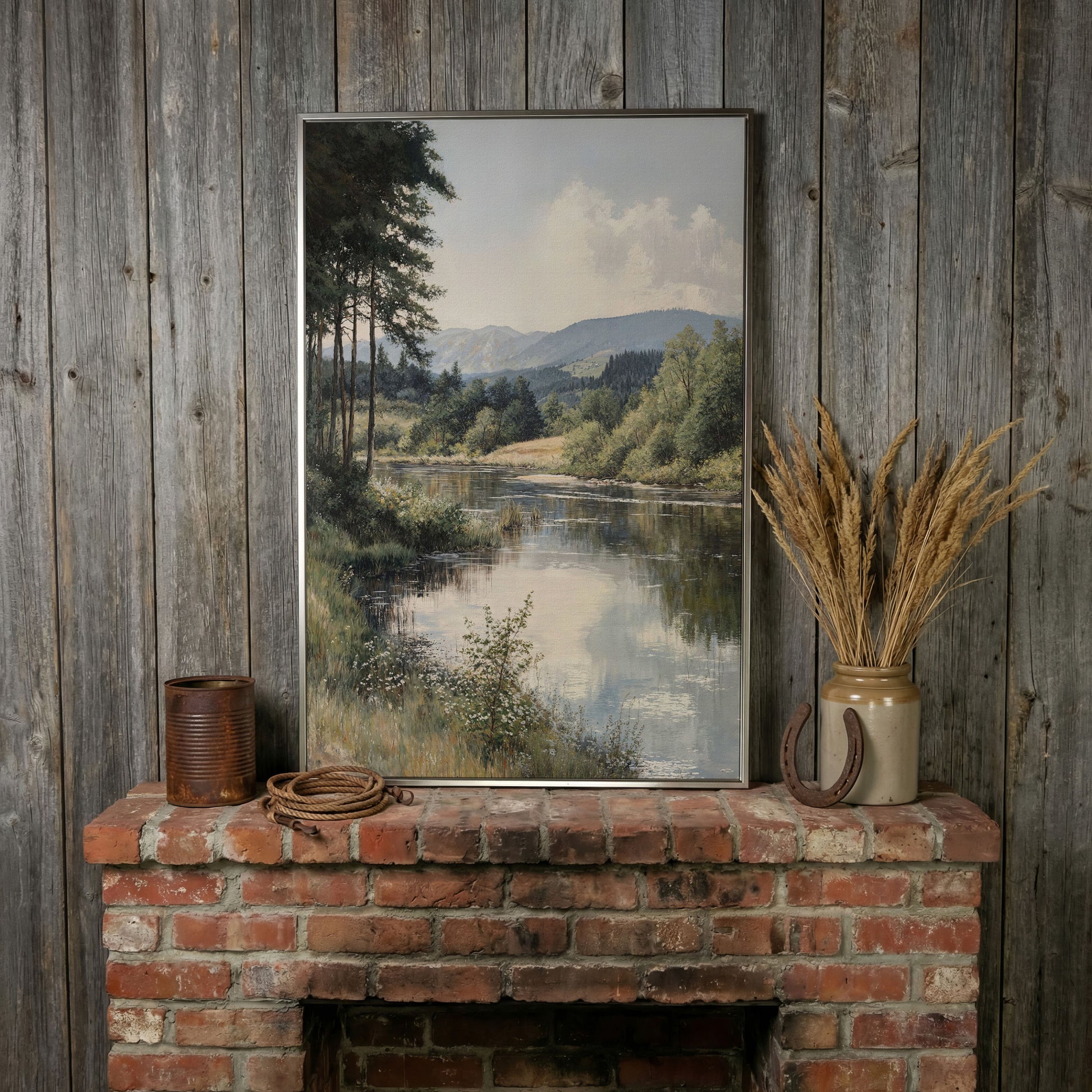 Countryside River at Dusk with Wildflowers Canvas Wall Art in silver floating frame