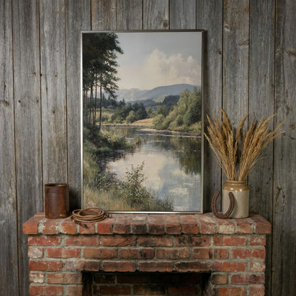 Countryside River at Dusk with Wildflowers Canvas Wall Art in silver floating frame