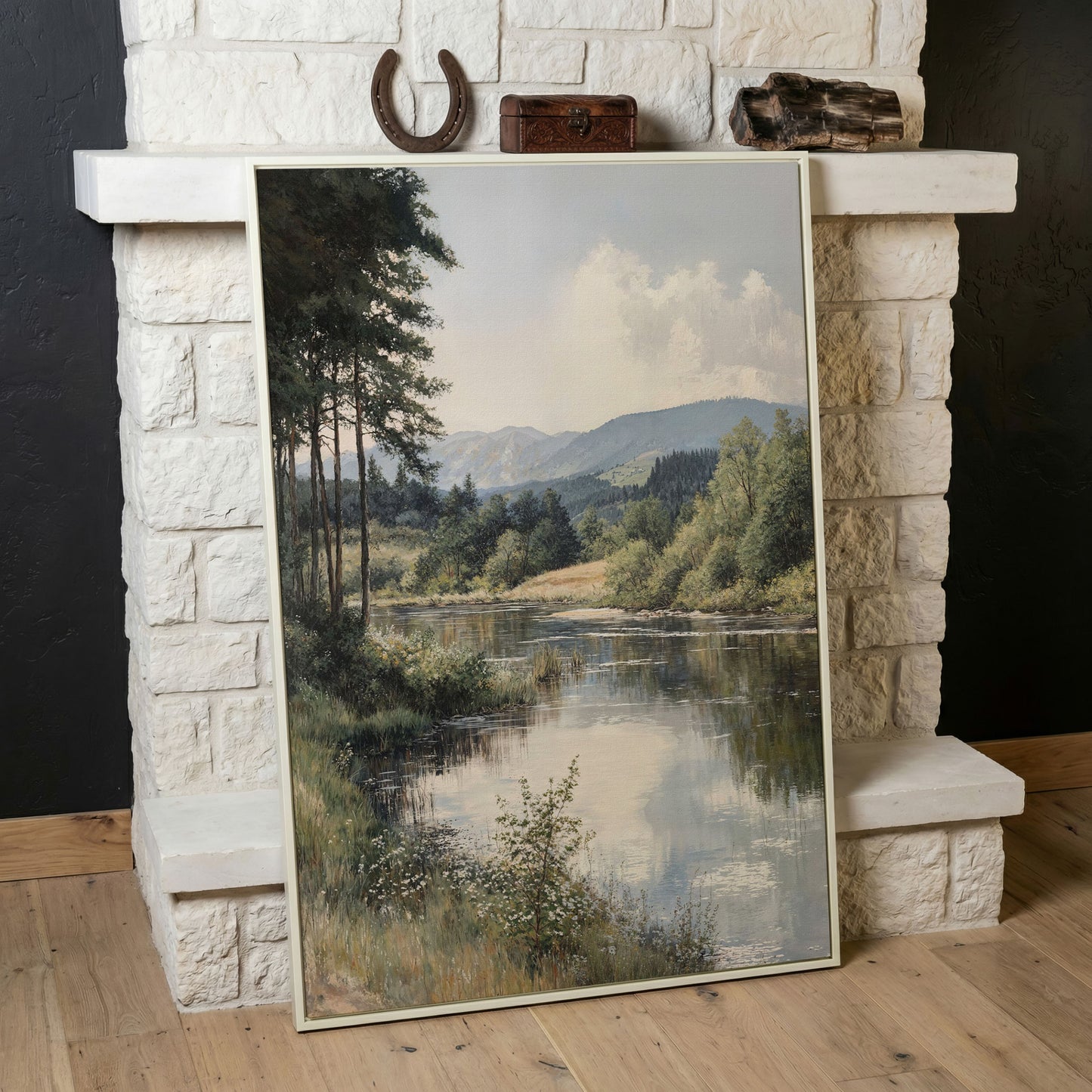 Countryside River at Dusk with Wildflowers Canvas Wall Art in white floating frame