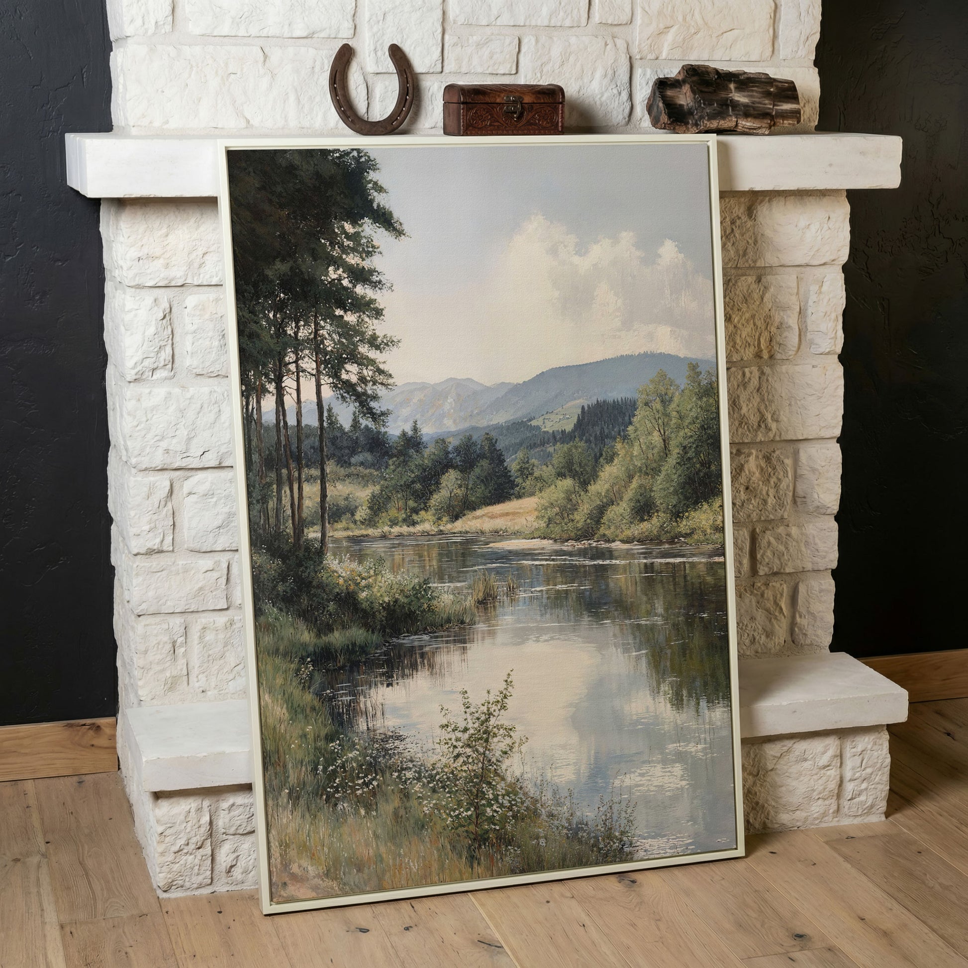 Countryside River at Dusk with Wildflowers Canvas Wall Art in white floating frame
