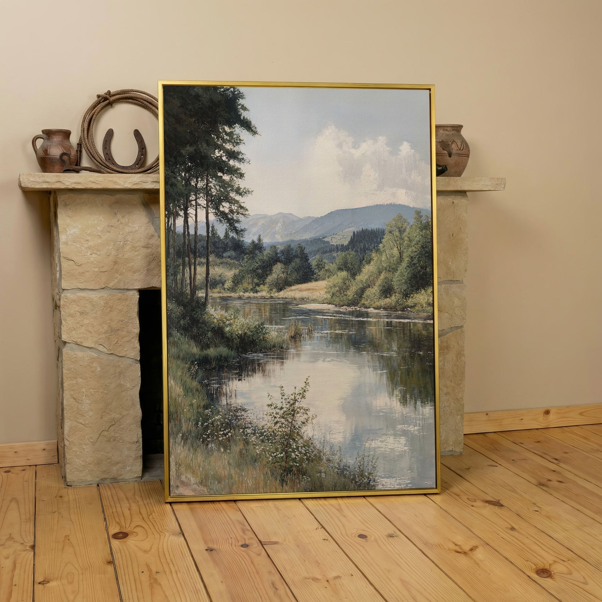 Countryside River at Dusk with Wildflowers Canvas Wall Art in yellow gold floating frame
