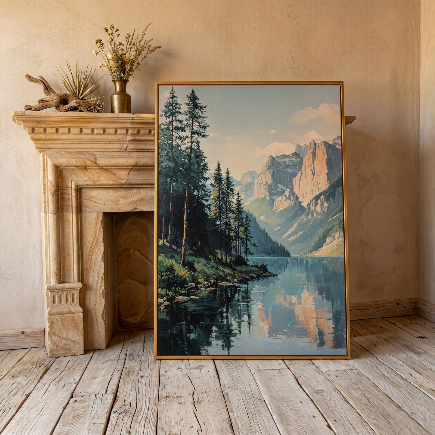 Mountain Lake Reflection Canvas Wall Art, Portrait Landscape in antique gold floating frame
