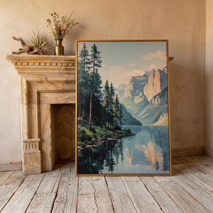 Mountain Lake Reflection Canvas Wall Art, Portrait Landscape in antique gold floating frame